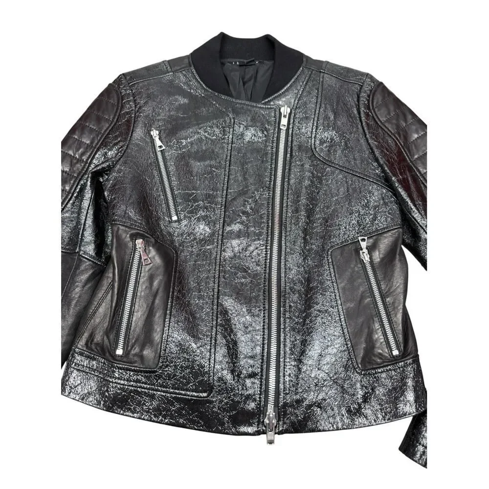 Theory Shezi Lamb Leather Moto Jacket Black Patent Crackled Zip M